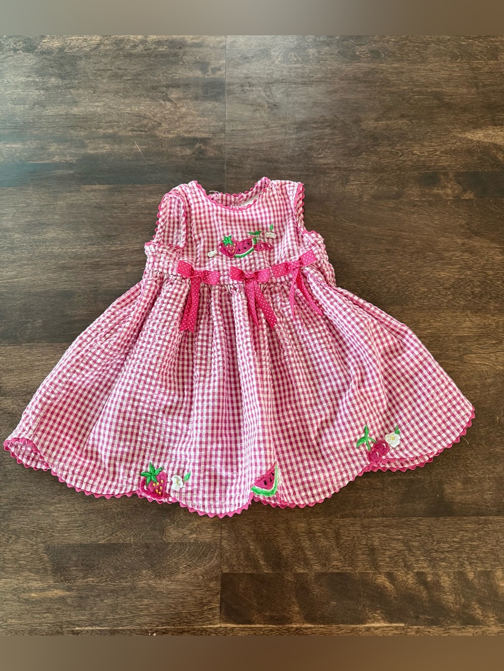 Youngland Pink Gingham Dress with Fruit Embroidery Watermelon